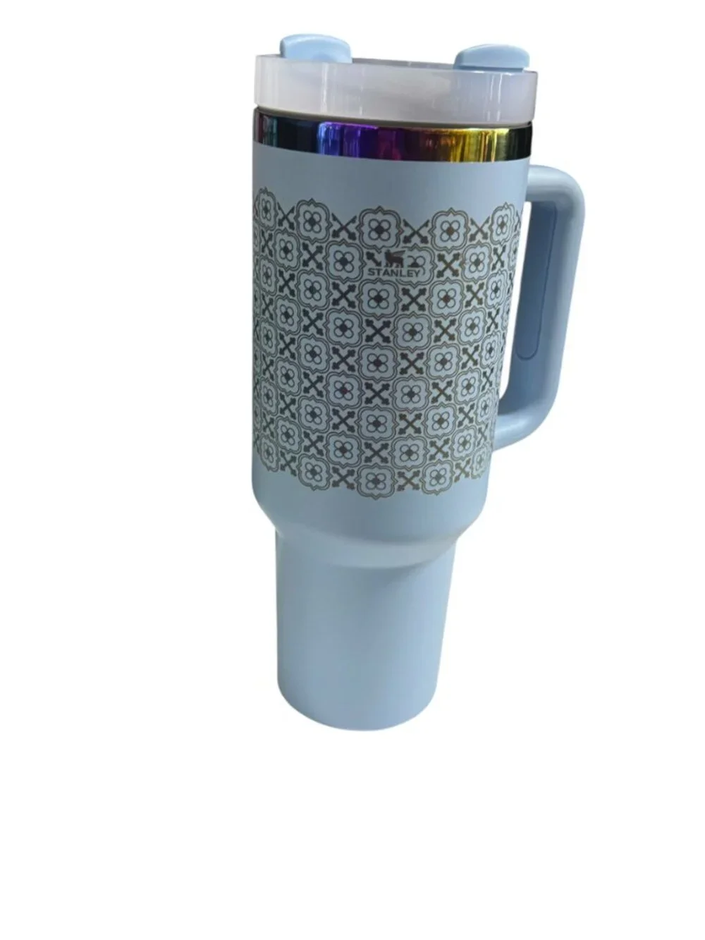 Stanley Engraved Tumbler with Handle, Light Blue Floral Pattern